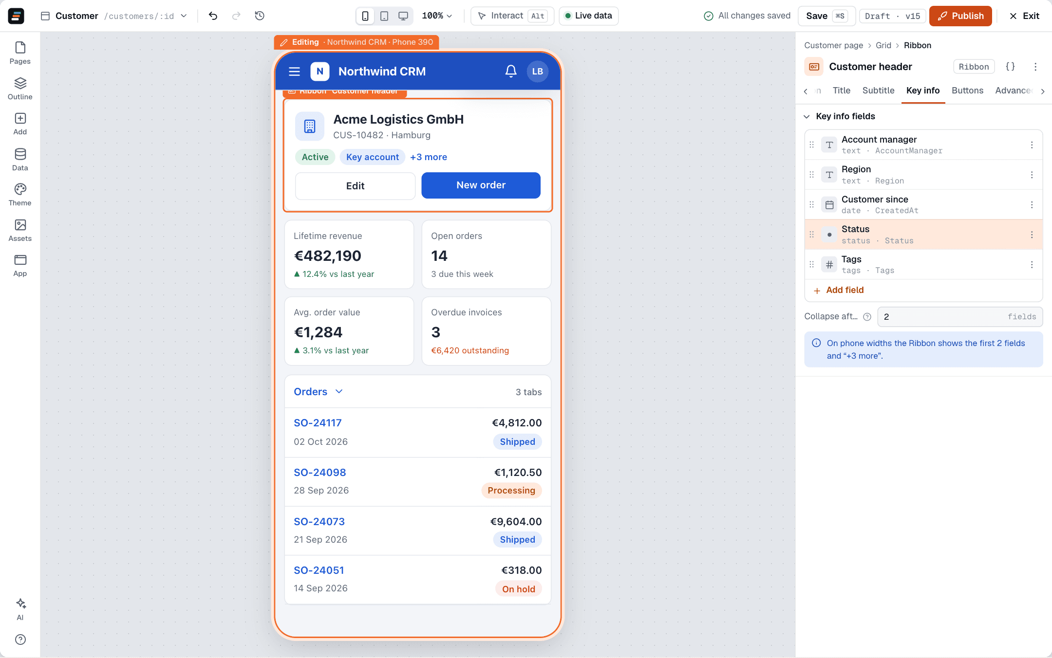 Preview every device: Check phone, tablet and desktop layouts without leaving the editor.